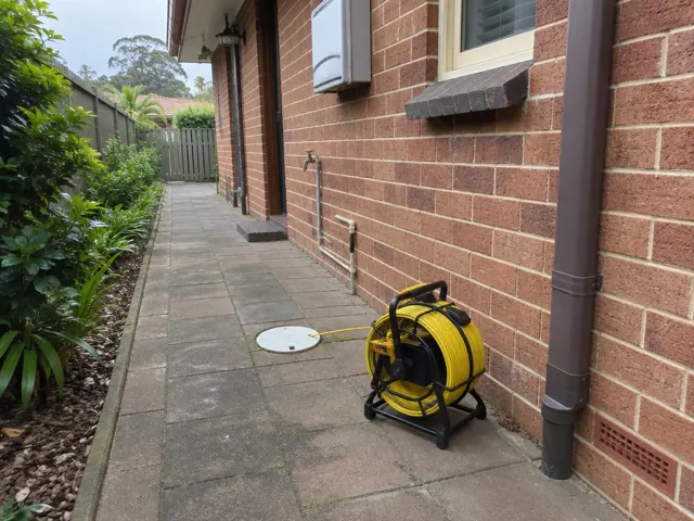 Capped drain inspection opening beside a coiled camera reel on a brick house path in Thornleigh